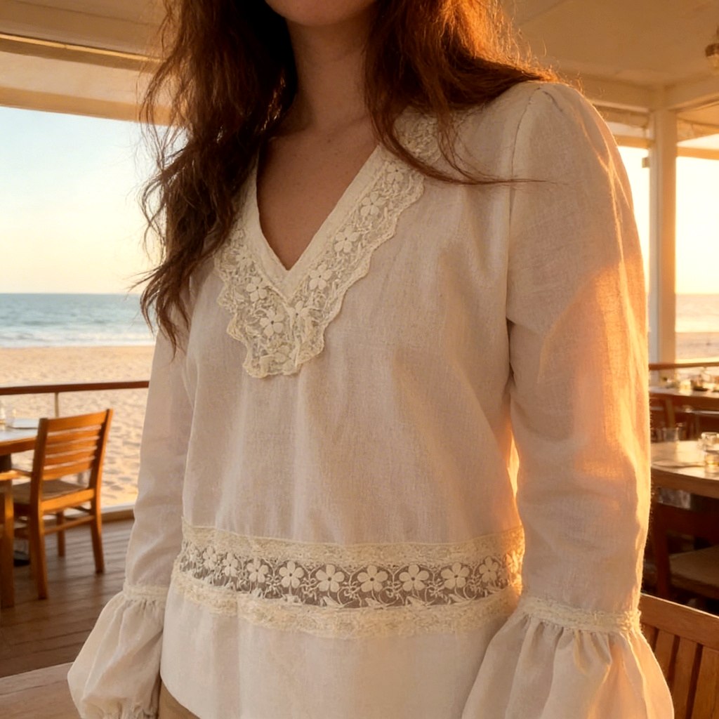 Blusa Arena de lino, con detalle de encaje floral en cuello y puños, fotografiada frente al mar al atardecer