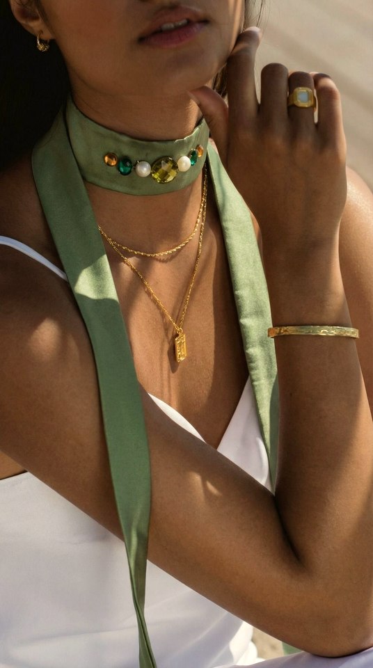 Scarf Olivo de satén verde oliva con piedras talladas, combinado con anillos dorados